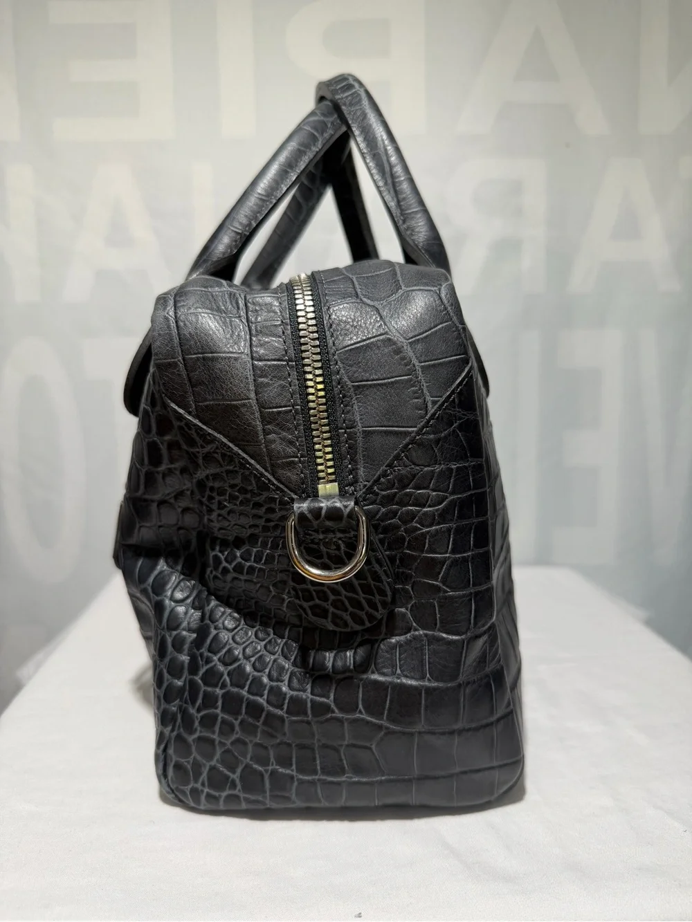 Longchamp Légende Black Gray Blue Croc-Embossed Leather Two Way Handbag